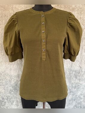 LOFT Olive Green Puff Sleeve Ribbed Top - M